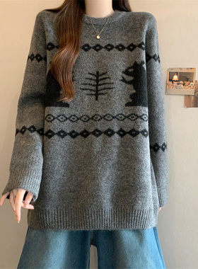灰色圆领长袖复古针织打底衫毛衣大码女装微胖mm新款宽松百搭上衣