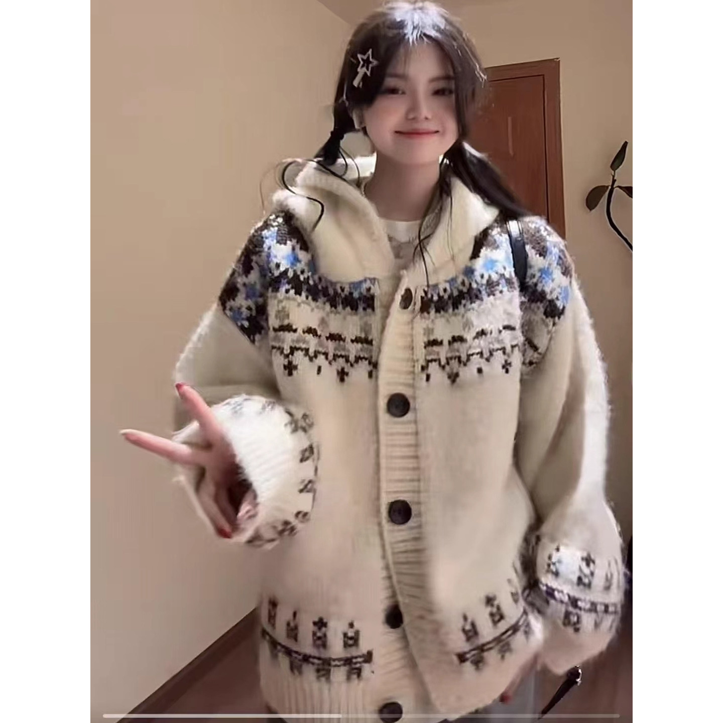 费尔岛连帽针织开衫毛衣外套加厚