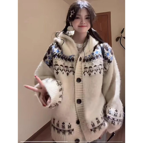 费尔岛连帽针织开衫毛衣外套加厚