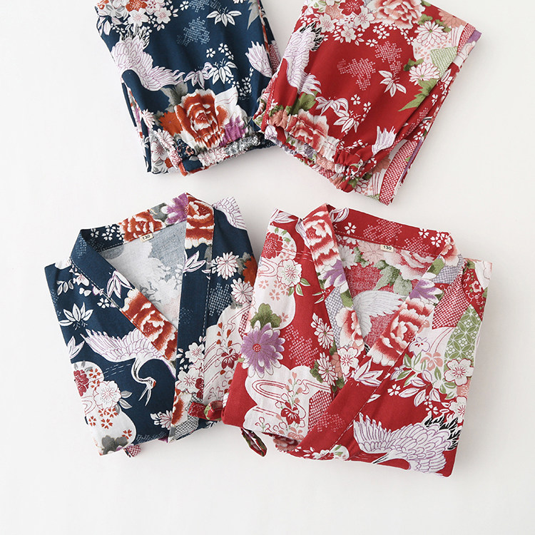 春夏 日本纯棉纱布短袖儿童和服亲子睡衣甚平温泉汗蒸服 国潮仙鹤