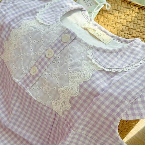 甜美公主风蕾丝花边紫格睡裙女夏季纯棉纱布家居服可外穿