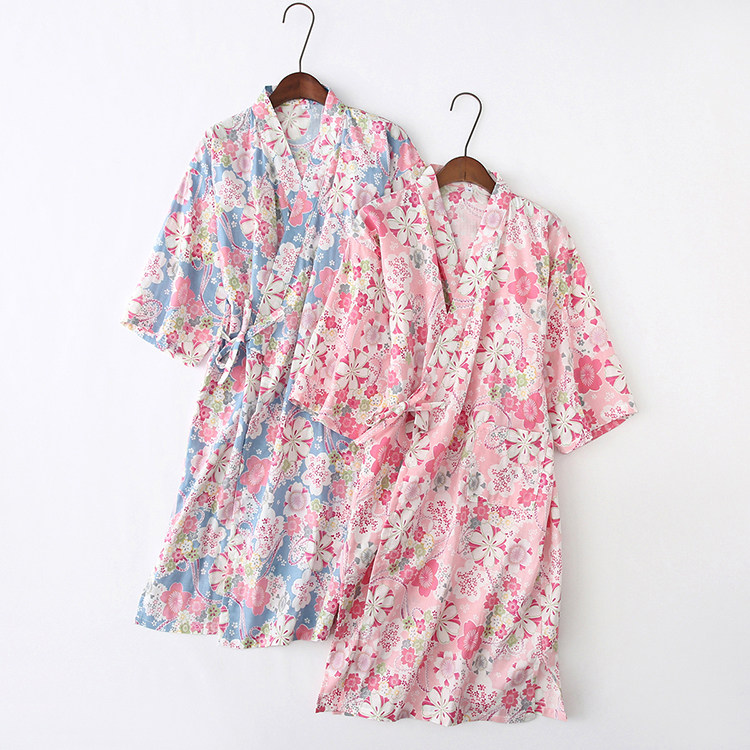 [纯棉双层纱布春夏季女童汉服儿童和服汗蒸服亲子系带短袖睡衣]