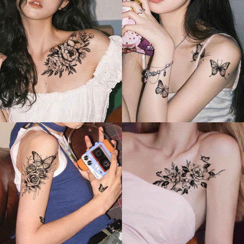 甜酷辣妹彩色玫瑰素花纹身贴梦幻小清新仙女可爱锁骨胸前女神性感