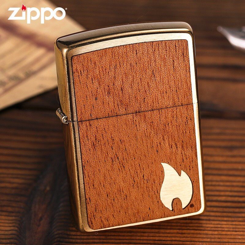 原装正品zippo打火机 木纹金色火焰黄铜贴木之宝正版防风火机刻字