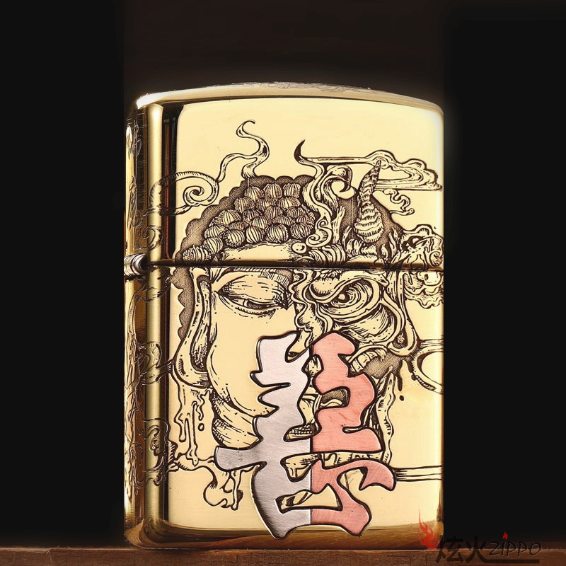 原装正品zippo打火机 正版纯铜盔甲佛魔一念紫铜镶嵌防风定制刻字