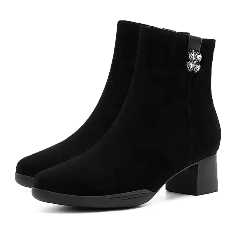 哈森秋冬羊皮女靴中跟时尚水钻