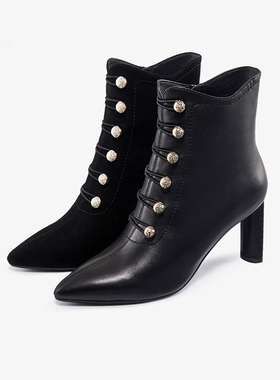 2023冬季新款哈森真皮高跟短靴女羊皮钻扣时尚女靴HA10838