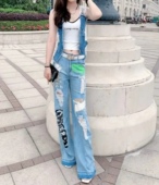 2025夏装 时尚 阔腿裤 潮牌欧洲站时髦女装 洋气牛仔女气质套装 两件套