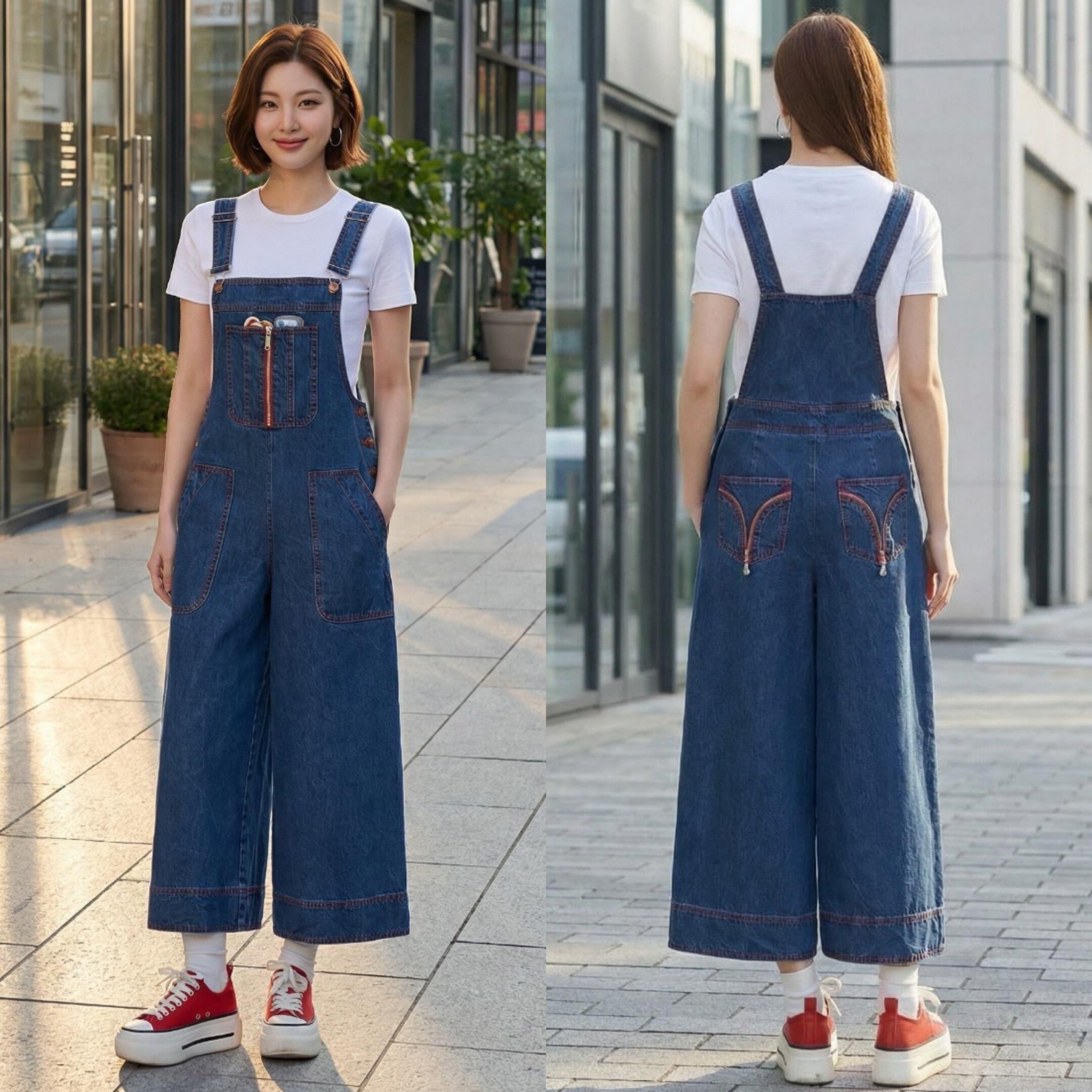春夏款潮流百搭牛仔背带裤连体裤时尚减龄明线设计直筒裤女装长裤