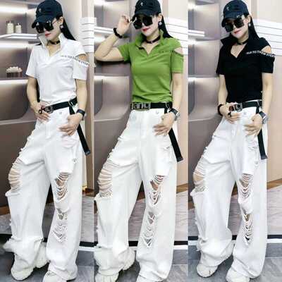 夏季百搭洋气显瘦露肩纯色POLO衫