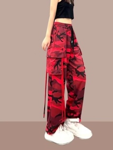广场舞2025夏季飘带跳舞红色宽松显瘦休闲阔腿裤女装迷彩裤工装裤