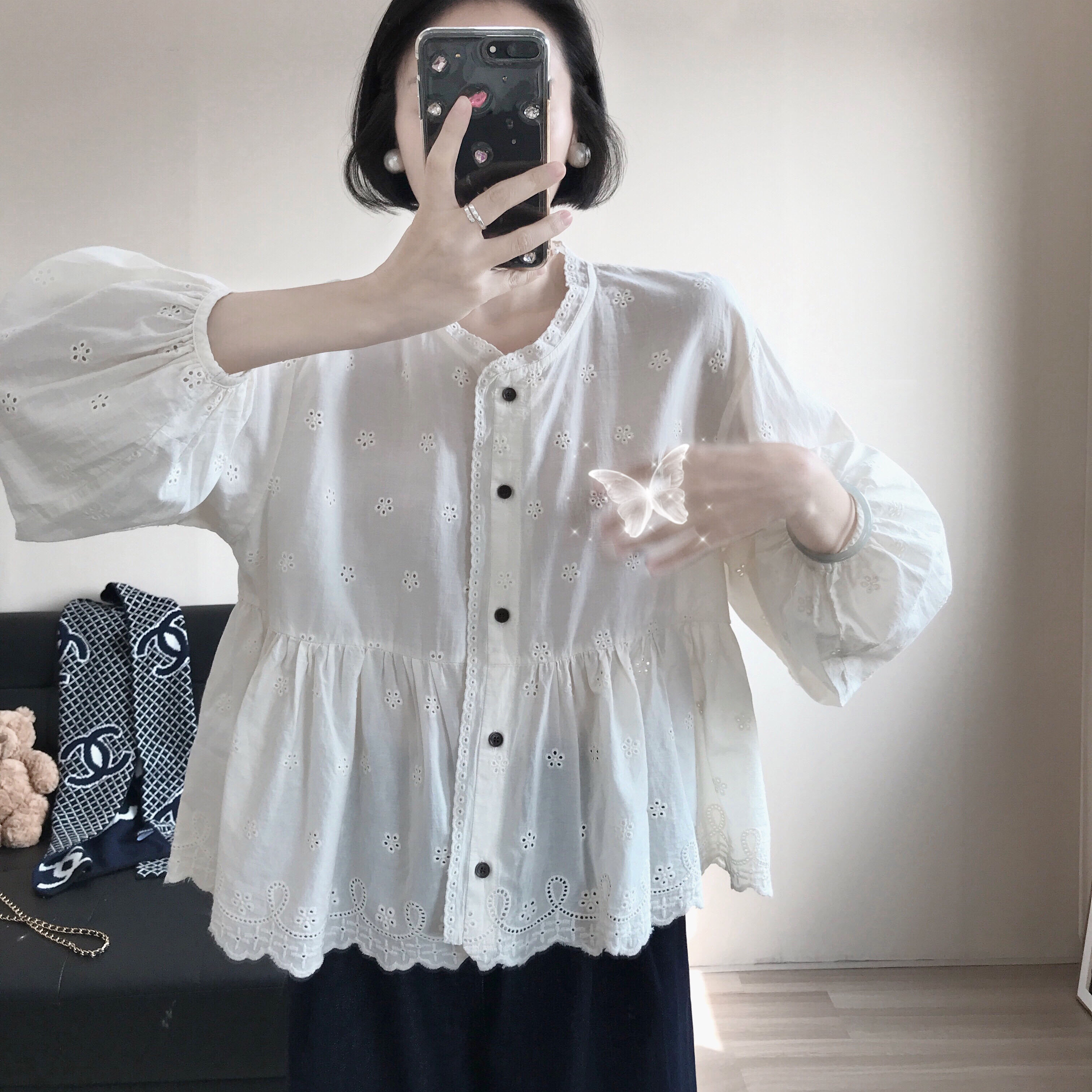 【大萌家】Le Train Bleu尤梨与小白花   镂空蕾丝刺绣娃娃衬衫女