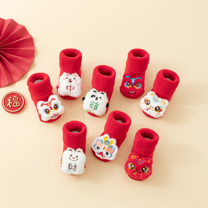 婴幼儿袜子秋冬款加绒加厚防滑中筒红色毛圈宝宝点胶新年地板袜子