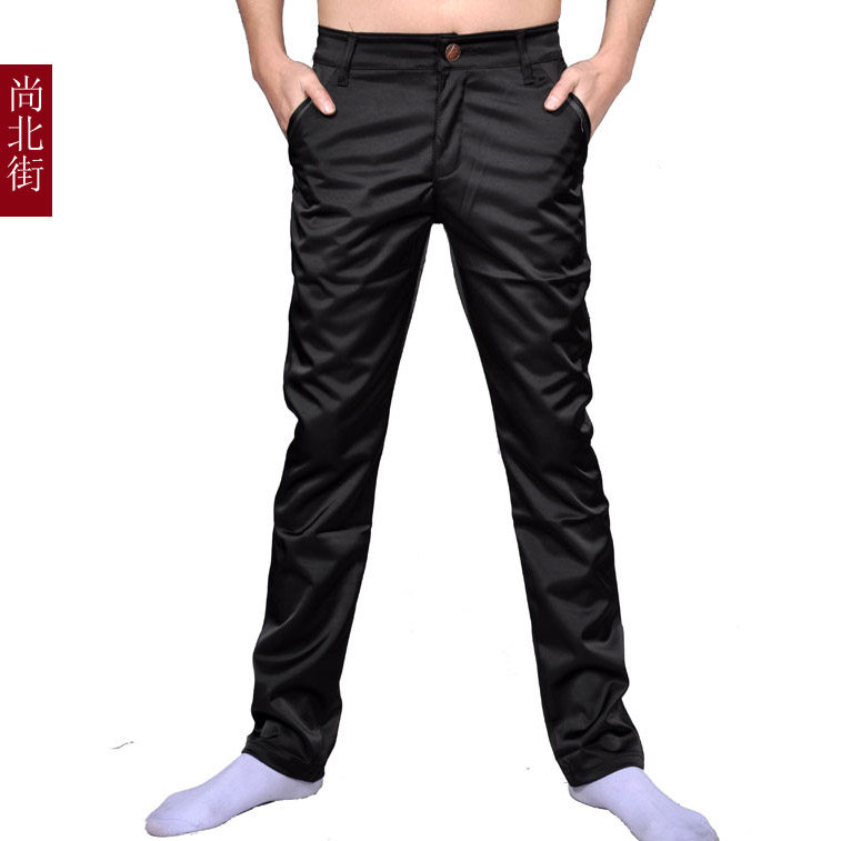 正品亮面男裤 时尚反光面料修身直筒休闲裤子纯色百搭个性男长裤