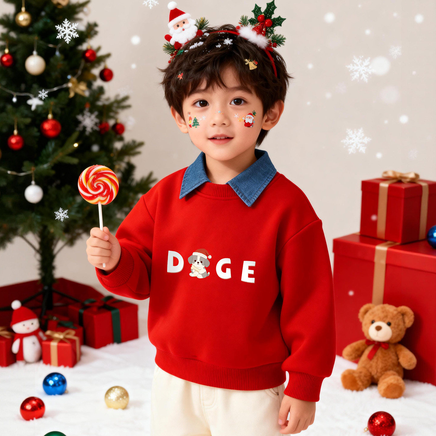 儿童红色加厚保暖圣诞卫衣