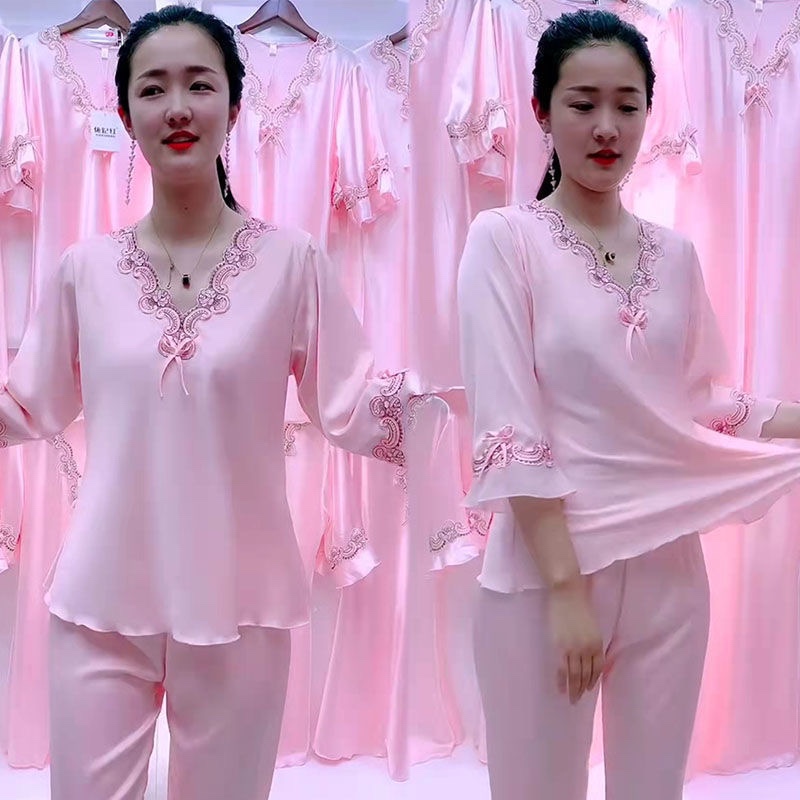 睡衣女夏季长袖冰丝两件套家居服