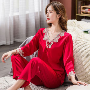 薄款 睡衣女长袖 夏季 家居服套装 春秋仿真丝中年妈妈冰丝绸女士大码