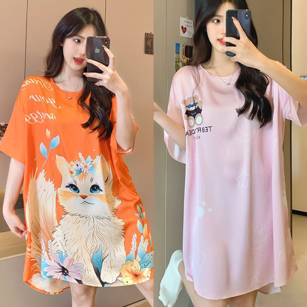 2025新款冰丝睡裙女加大码短袖高级感网红爆款中长款家居服睡衣女