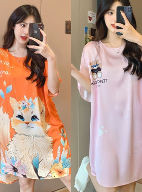 2025新款冰丝睡裙女加大码短袖高级感网红爆款中长款家居服睡衣女