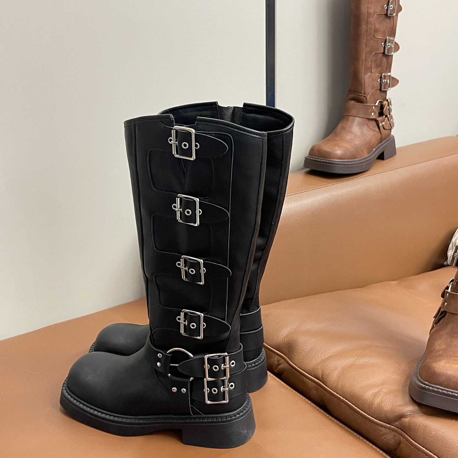 真皮百搭皮带扣粗跟马丁靴女