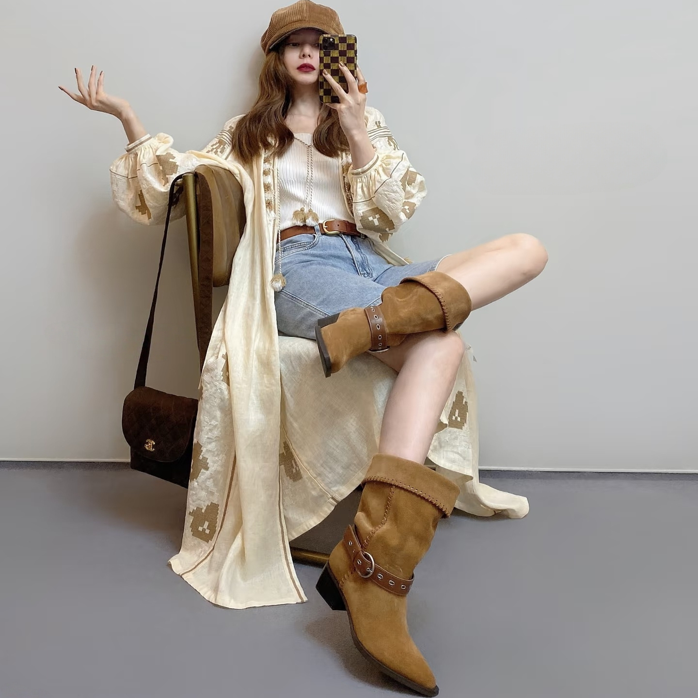 马丁靴粗跟尖头堆堆靴中筒靴