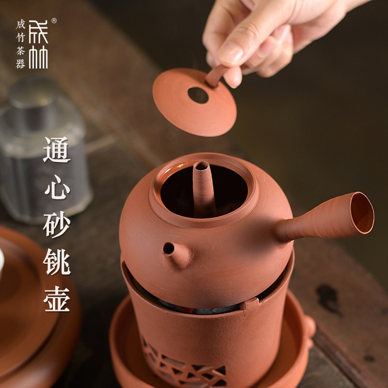 成竹纯手工通心砂铫壶红泥左手右手侧把煮水壶中式复古穿心煮茶壶