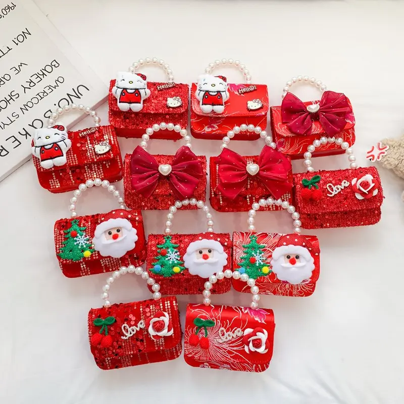 儿童宝宝新年红色卡通压岁钱包时尚洋气女孩公主珍珠手提包斜挎包