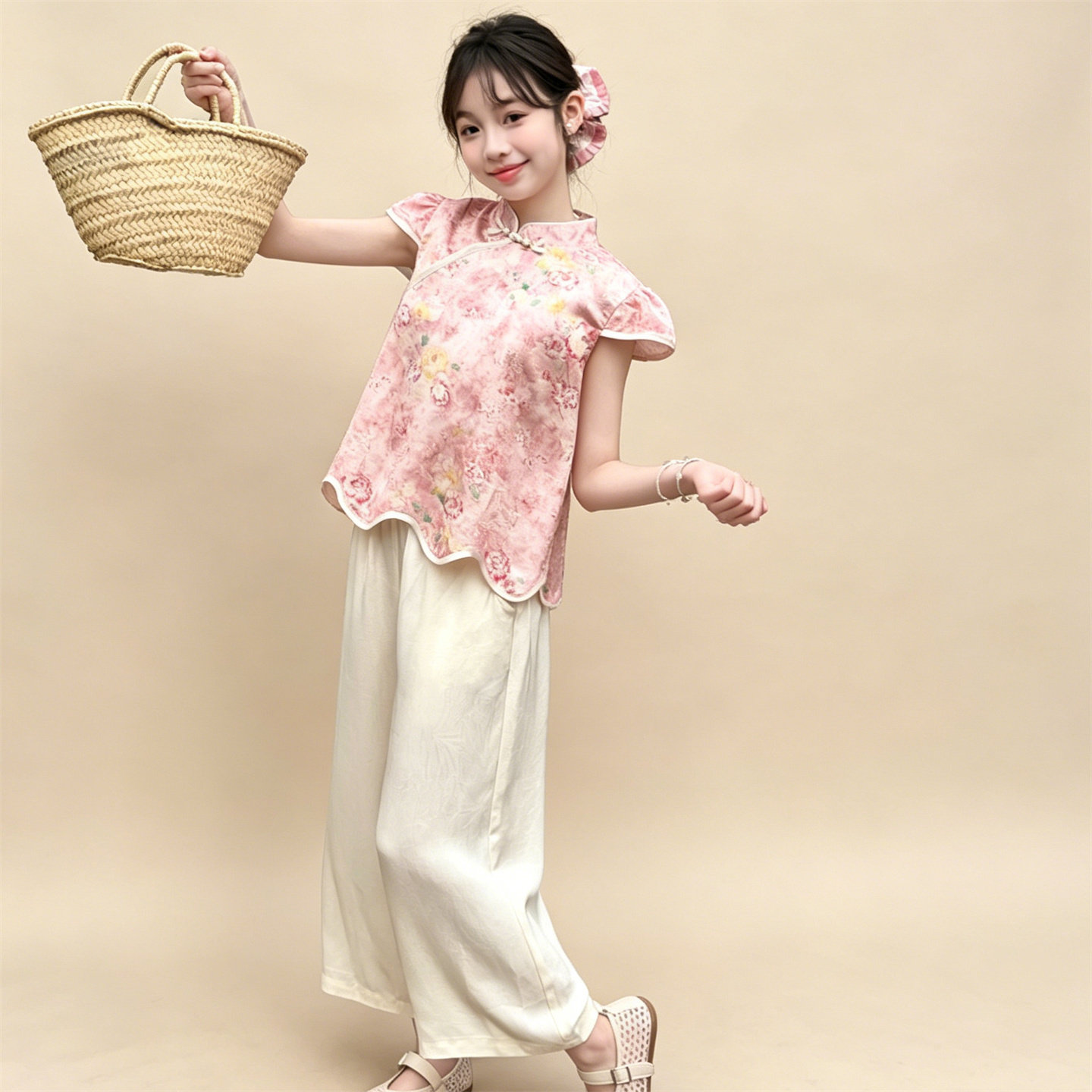 中式套装夏装小女孩两件套碎花