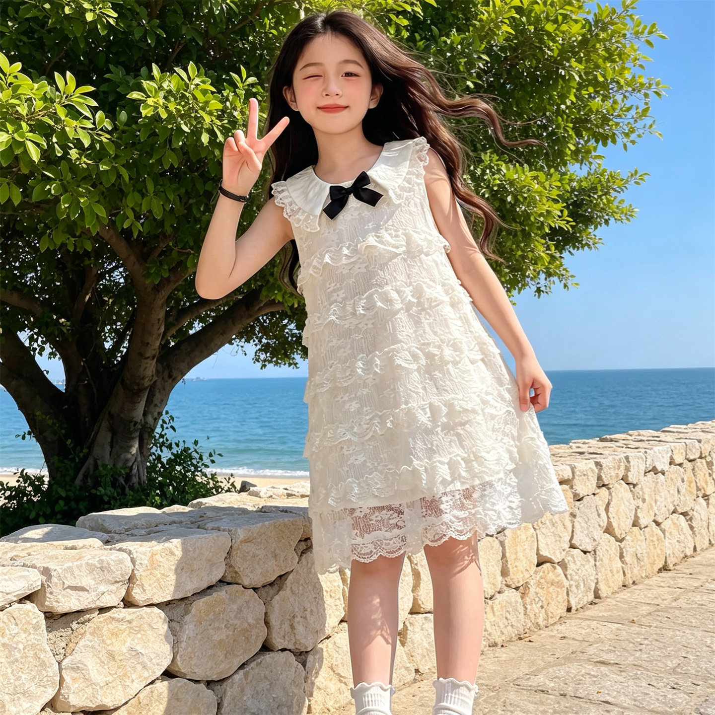 大童翻领蕾丝连衣裙小女孩公主裙