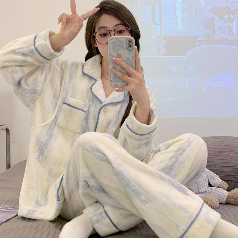 提花法兰绒孕妇条纹大码睡衣冬怀孕12月产后珊瑚绒哺乳喂奶月子服