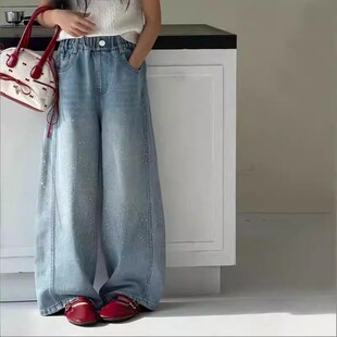 女童满钻牛仔裤夏季2026新款儿童直筒阔腿裤女孩大童超火裤子薄款