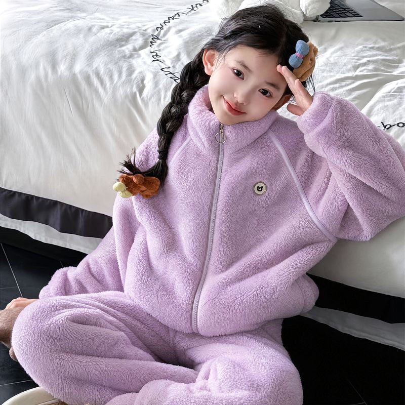 女童加绒加厚睡衣套装秋冬季珊瑚绒法兰绒保暖雪花绒家居服两件套