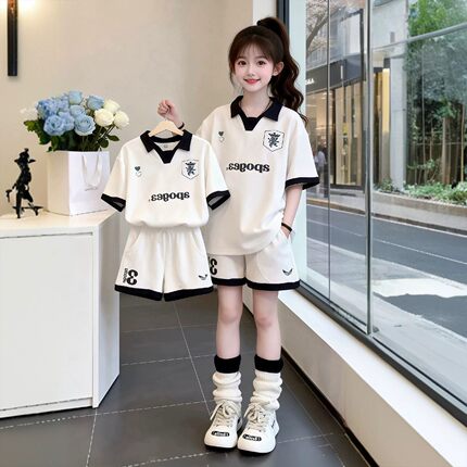 女童学院风运动套装夏季2026新款儿童洋气POLO衫短袖短裤两件套潮