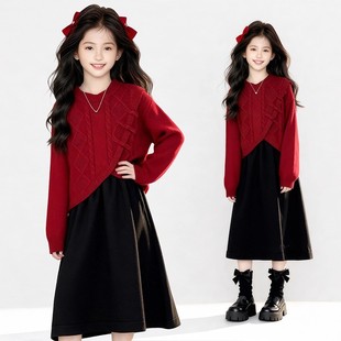 中国红毛衣背心裙中大童两件套裙子套装 女童拜年服秋冬款 2025新款