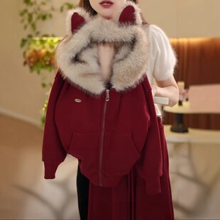 女童秋冬韩版连帽卫衣套装儿童新年拜年服加绒过年两件套2025新款