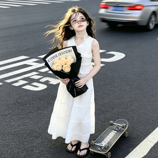 女童夏季高级感裙子2026新款大童洋气白色连衣裙女孩背心裙两件套