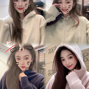 韩egg加绒加厚保暖双面绒感外套女宽松连帽长袖 拉链卫衣外套