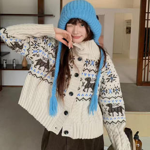 2025秋冬复古氛围感圣诞麋鹿提花立领单排扣毛衣韩系针织外套