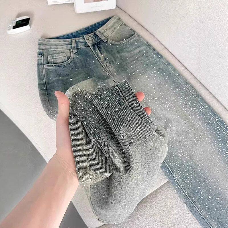 蓝色烫钻阔腿牛仔裤女2026春季新款今年流行垂感显瘦直筒拖地长裤