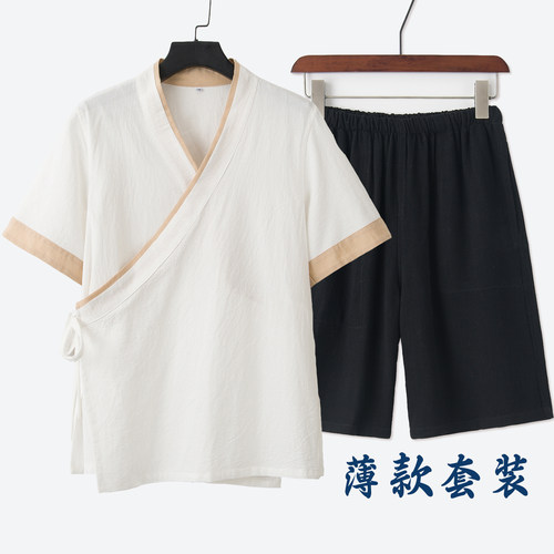 汉服夏右衽薄款棉麻套装两件套
