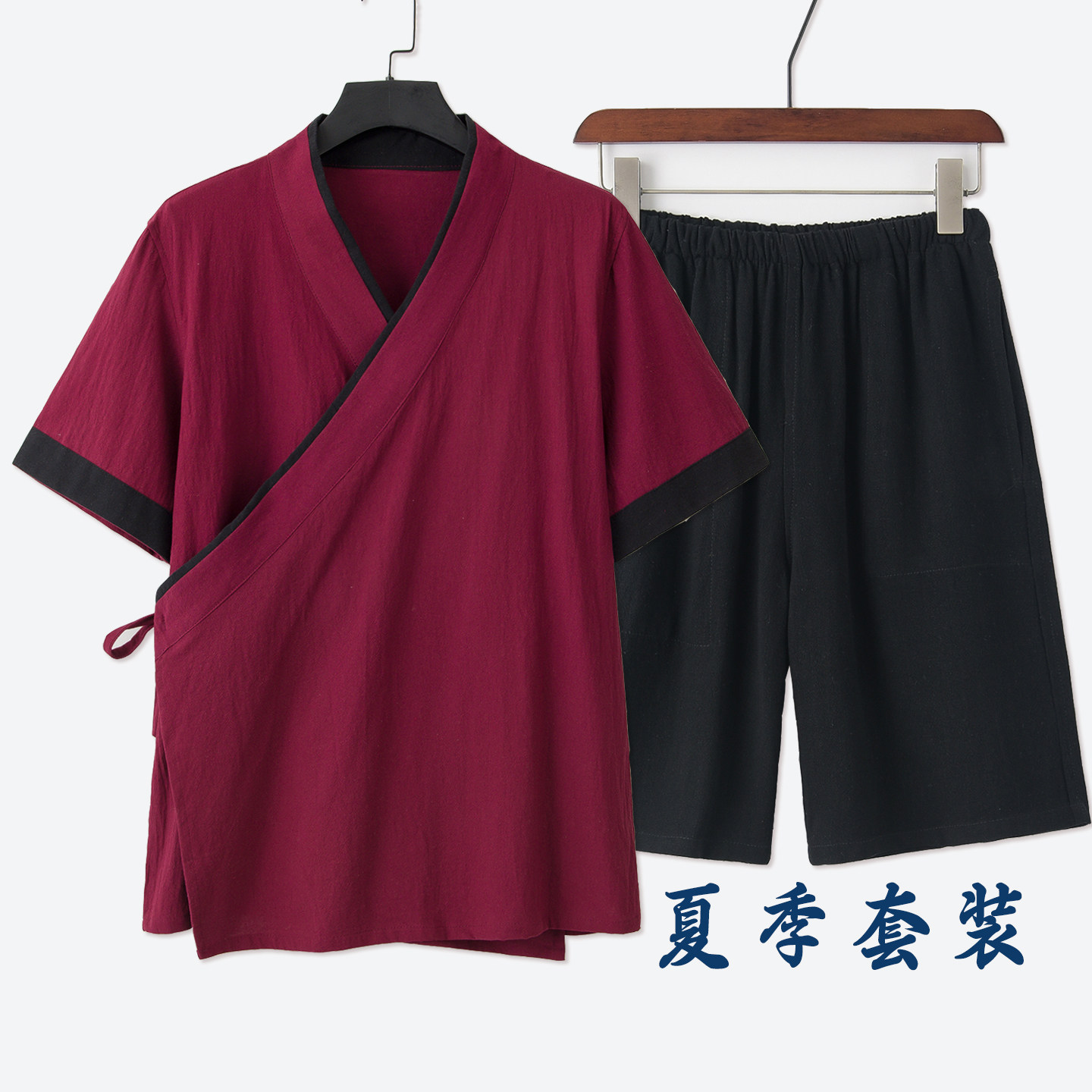 汉服夏薄款棉麻套装中国风男士交领短袖禅服新中式改良休闲两件套