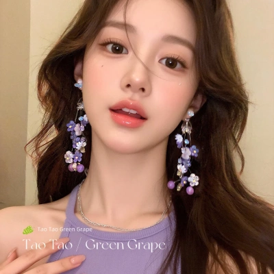 紫色花朵流苏耳环女海边度假风耳钉2026新款爆款高级感多巴胺耳饰