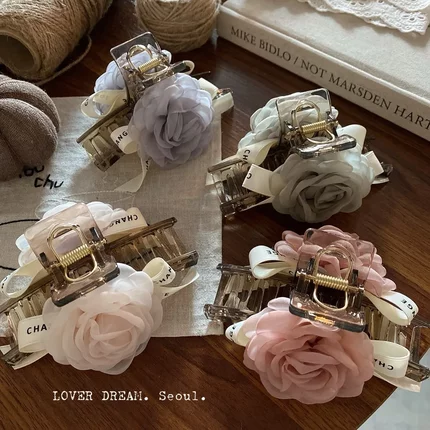 蜜桃茶 入画江南 新中式花朵抓夹半扎发鲨鱼夹头花海边配饰女