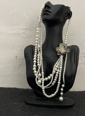 多层大小珍珠花朵叠戴流苏项链女毛衣链锁骨链Layered Necklace