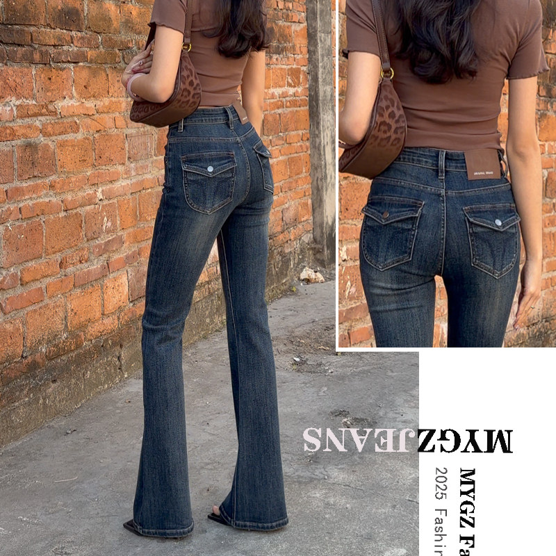 雾霾蓝中腰微喇牛仔裤女2026春季新款弹力修身提臀马蹄喇叭裤子
