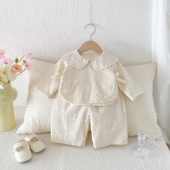 2026女宝宝花边领上衣阔腿裤 两件 女童蝴蝶结上衣提花布裤 套装 秋季