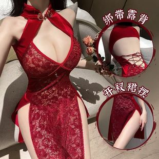 包臀裙禁欲系胖mm新 性感修身 大码 蕾丝旗袍改良立领开叉连衣裙变装