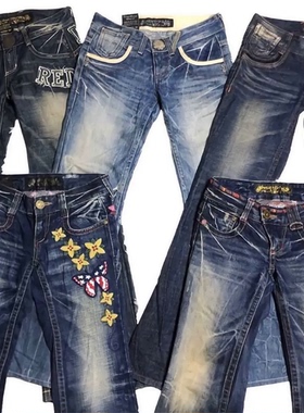 古着外贸辣妹Y2K千禧亚文化亚比朋克直筒低腰微喇叭牛仔长裤刺绣1