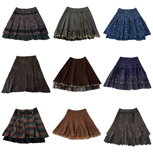 古着vintage复古A字亚比森系外贸秋冬暗黑废土流浪风毛呢半身裙