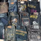 古着外贸辣妹Y2K千禧亚文化亚比朋克低腰微喇叭阔腿牛仔长裤 刺绣